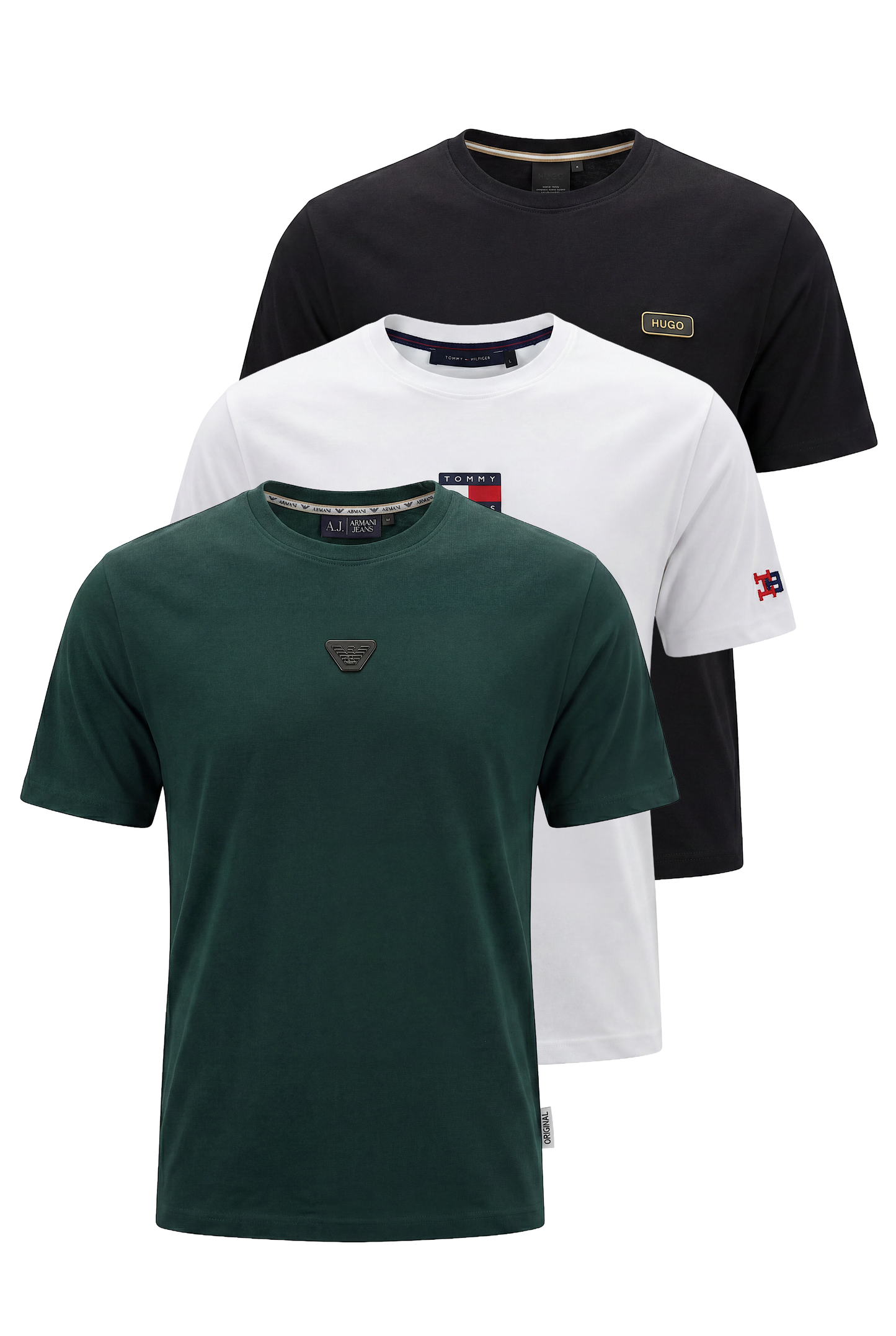 Pack de 3 T-shirts De Luxe en pur coton Ref-BH77231O ( Blanc + Noir + Vert Royale )