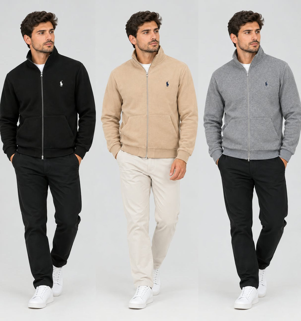 Pack de 3 Sweats Polo Zippés– Chaleur & Style (Noir & Biege & Gris )